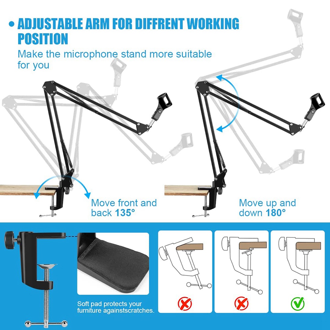 Boom Arm Stand - NALFI-マイクスタンド、調節可能なデスクサスペンションシザーアームマイクブームアーム、ブルーイエティ、スノーボール、その他のマイク、録音、ゲーム用