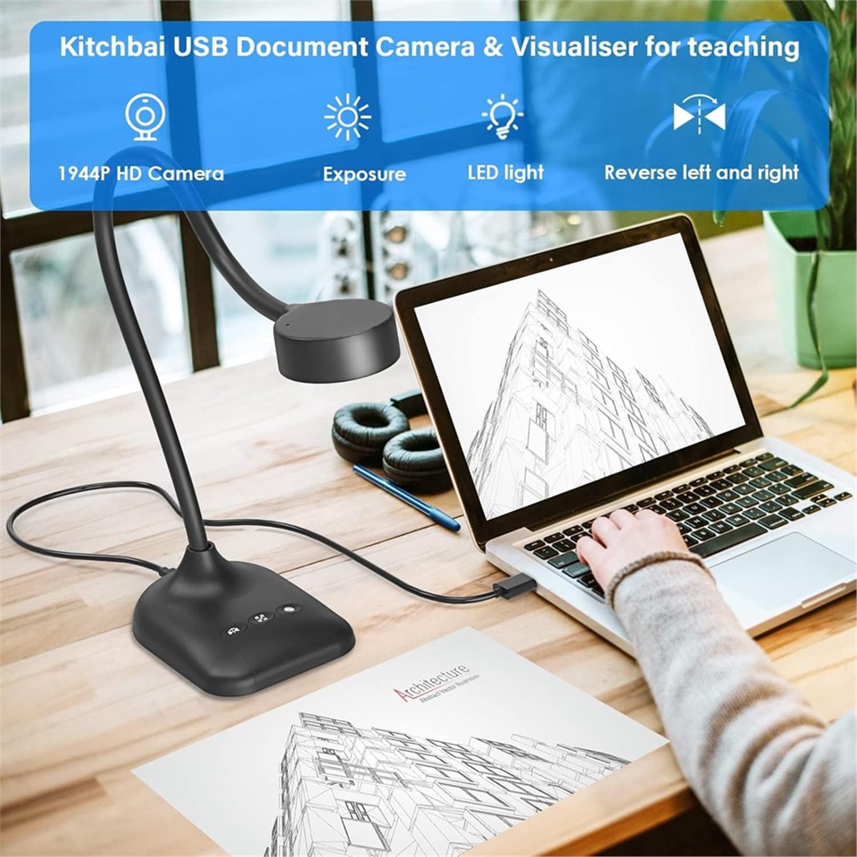Photography Lighting Learning - AU47-USB ドキュメントカメラ、マイク付きドキュメントウェブカメラ、LEDライト、画像反転、折りたたみ式、学習・教育用