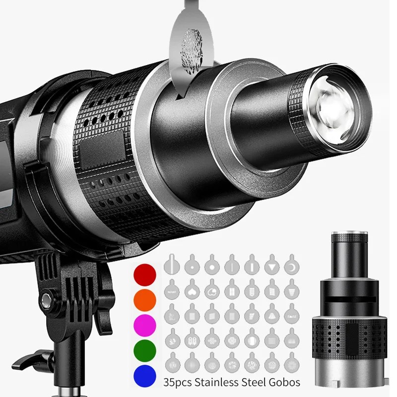 Snoot Flash Modifier - ボーエンズマウントスポットライト円錐形光学スヌートキット、34個のゴボと5色のカラーフィルター付き写真スタジオ照明アクセサリー、LEDビデオスピードライトライト対応